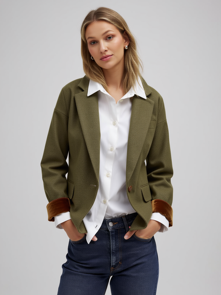 Andrée Tweed Blazer – Herringbone Texture With Velvet Trim